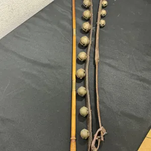 Antique Petal Pattern Brass Sleigh Bells on Leather Strap & Horse Buggy Whip