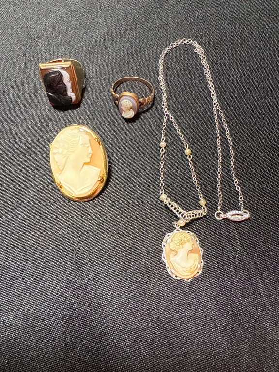 Cameo Jewelry Lot – 10K Marked Necklace, Brooch & 2 Rings