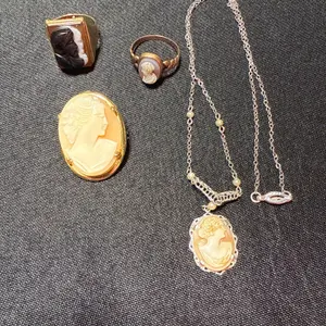 Cameo Jewelry Lot – 10K Marked Necklace, Brooch & 2 Rings