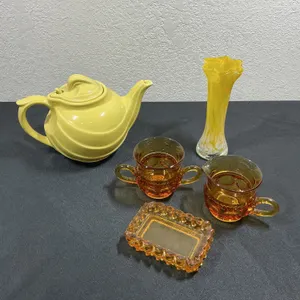 Vintage Hall USA Yellow Teapot & Amber Glassware Assortment