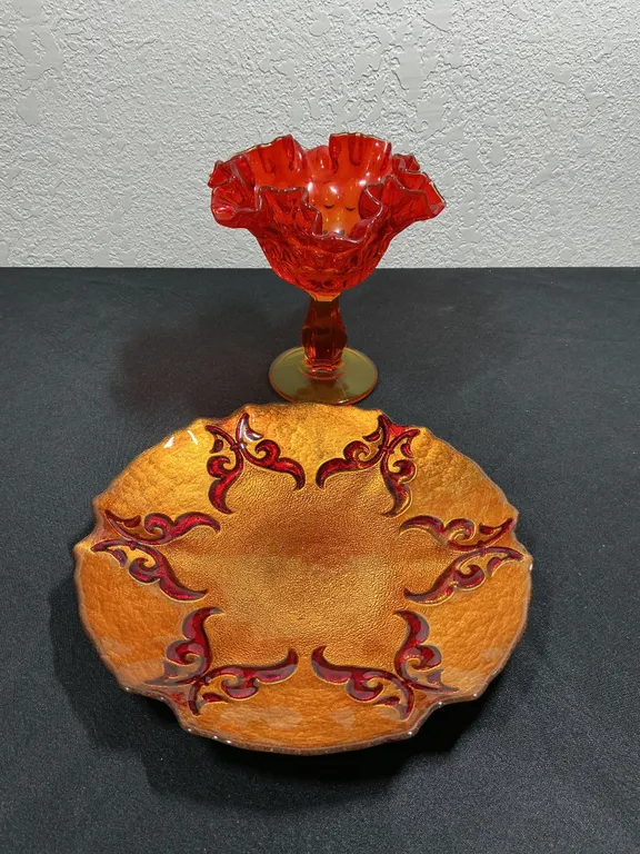 Fenton Thumbprint Red Glass Pedestal Dish & Italian Florentine Tray