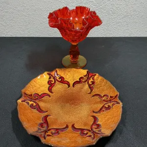 Fenton Thumbprint Red Glass Pedestal Dish & Italian Florentine Tray