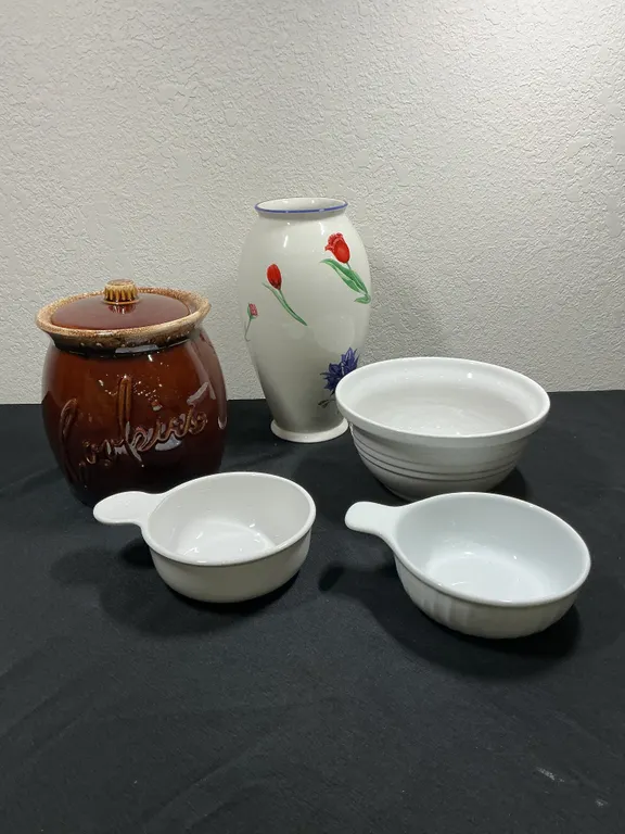 Hull Oven Proof “Cookies” Jar, FTD Floral Vase & White Serving Dishes