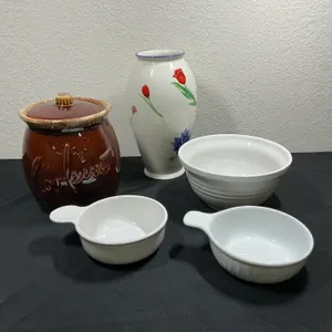 Hull Oven Proof “Cookies” Jar, FTD Floral Vase & White Serving Dishes