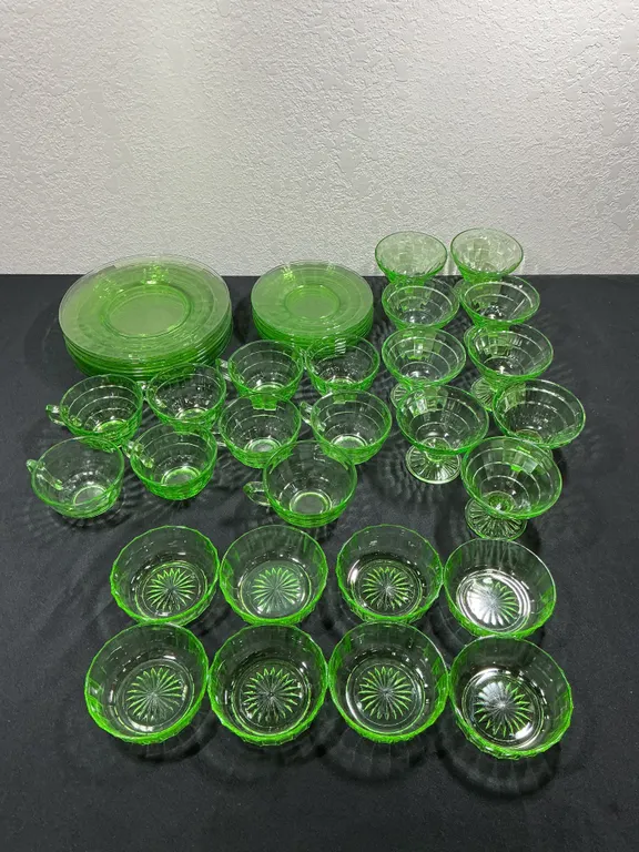 Vintage Green Uranium Glass Dinnerware Collection – Cups, Plates & Bowls