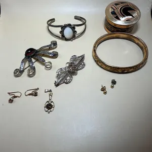 Vintage Jewelry Assortment – MH & Co. Bangle, Brooches, Bracelet & Silvers Touch Box