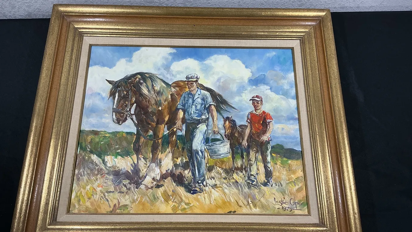 Leslie Cope 1979 “Life on the Farm” Original Oil Painting on Board – Framed