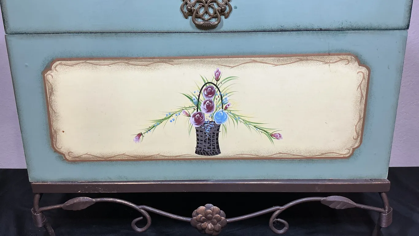Hand-Painted Floral Storage Trunk on Metal Stand
