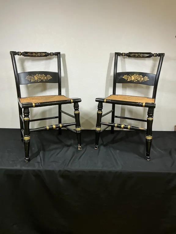 Pair of Black & Gold Rush Seat Accent Chairs