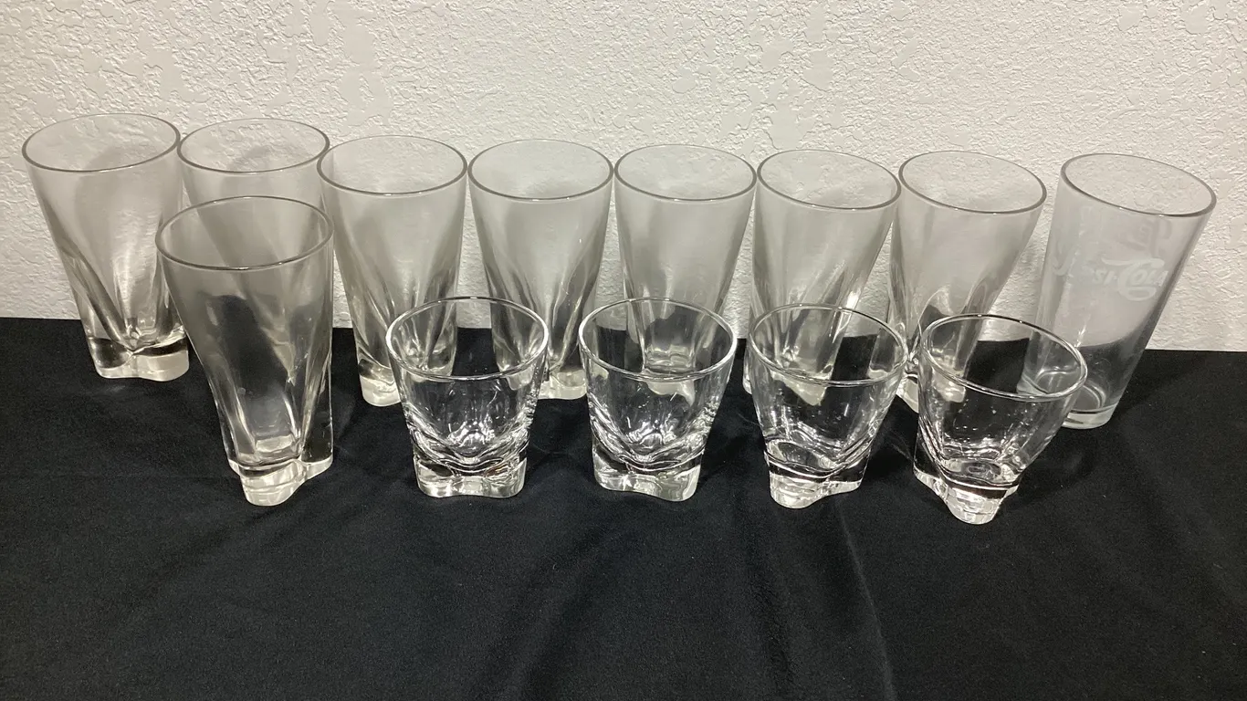 13-Piece Assorted Clear Drinking Glass Lot with Pepsi-Cola Glass