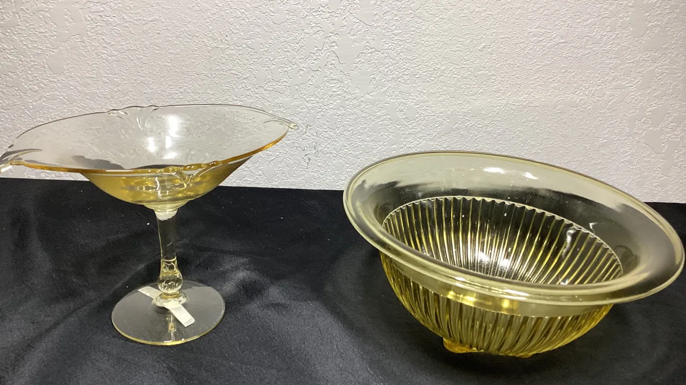 Amber Glass Compote & Ribbed Bowl