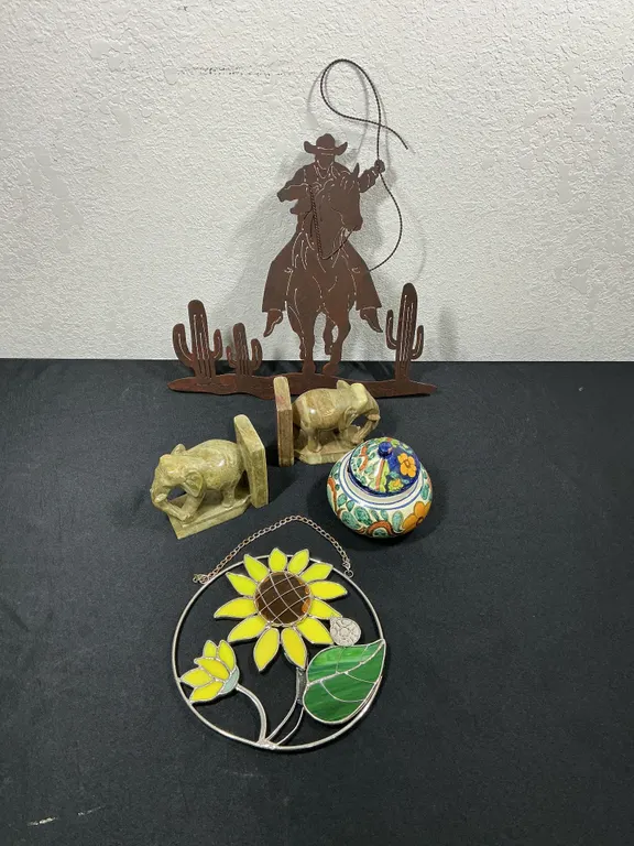 Western & Decorative Home Decor Lot – Cowboy, Soapstone Elephant Bookends & Pottery