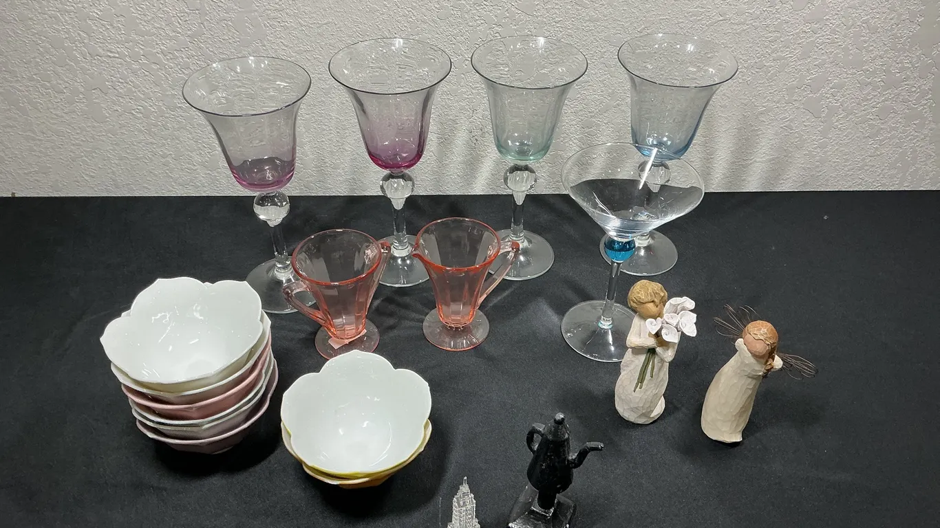 Assorted Glassware, Willow Tree Figurines & Decorative Dishes