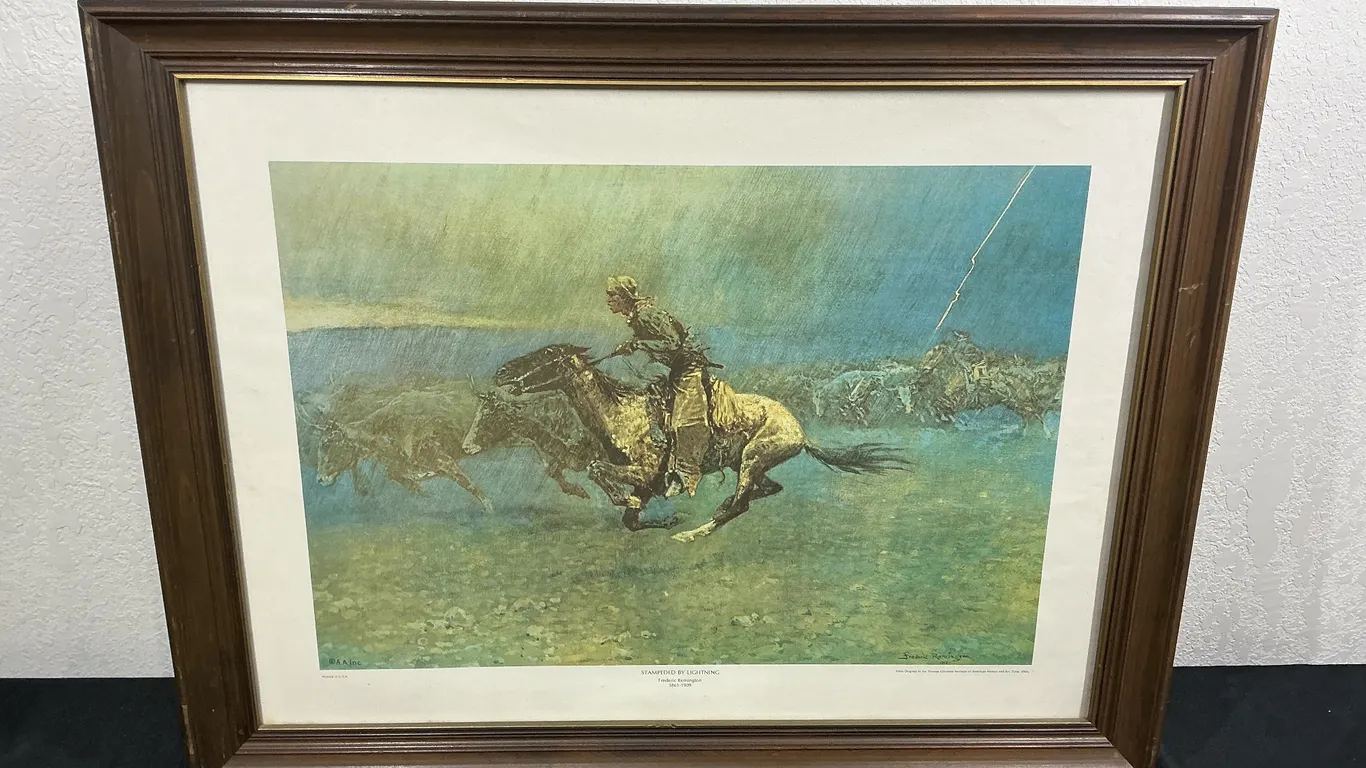 Frederic Remington “Stampeded by Lightning” Framed Print