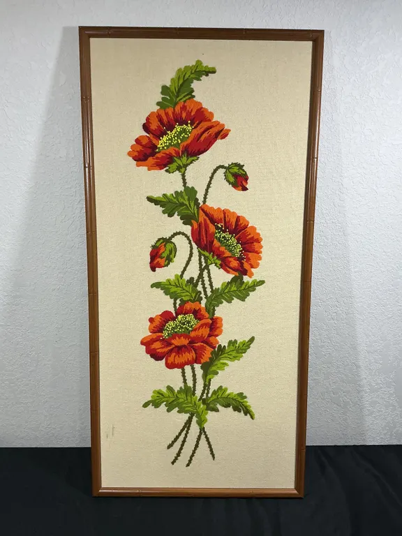 Vintage Handmade California Poppies Crewel Embroidery Framed Textile Art