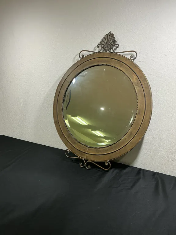 Large Round Convex Wall Mirror with Ornate Metal Crest