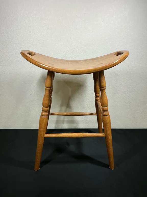 Wooden Saddle Seat Stool with Turned Legs & Handholds