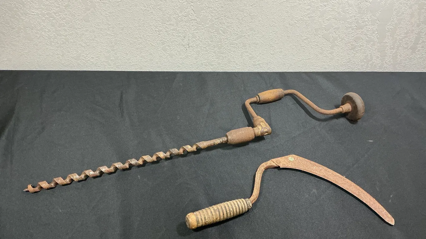 Vintage Hand Brace Drill with Auger Bit & Hand Sickle