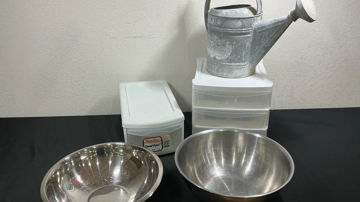Garden & Household Storage Lot with Watering Can & Stainless Bowls