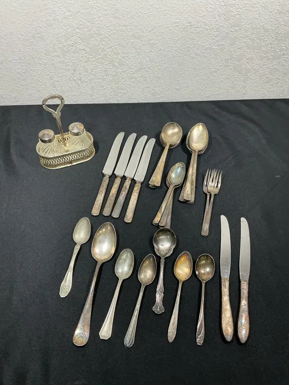 Vintage Silver-Plated Flatware & Salt and Pepper Set