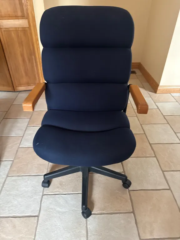 Navy Blue High-Back Rolling Office Chair with Oak Arms