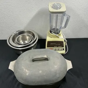 Vintage Source Manufacturing Aluminum Roaster, Osterizer Blender & Stainless Mixing Bowls