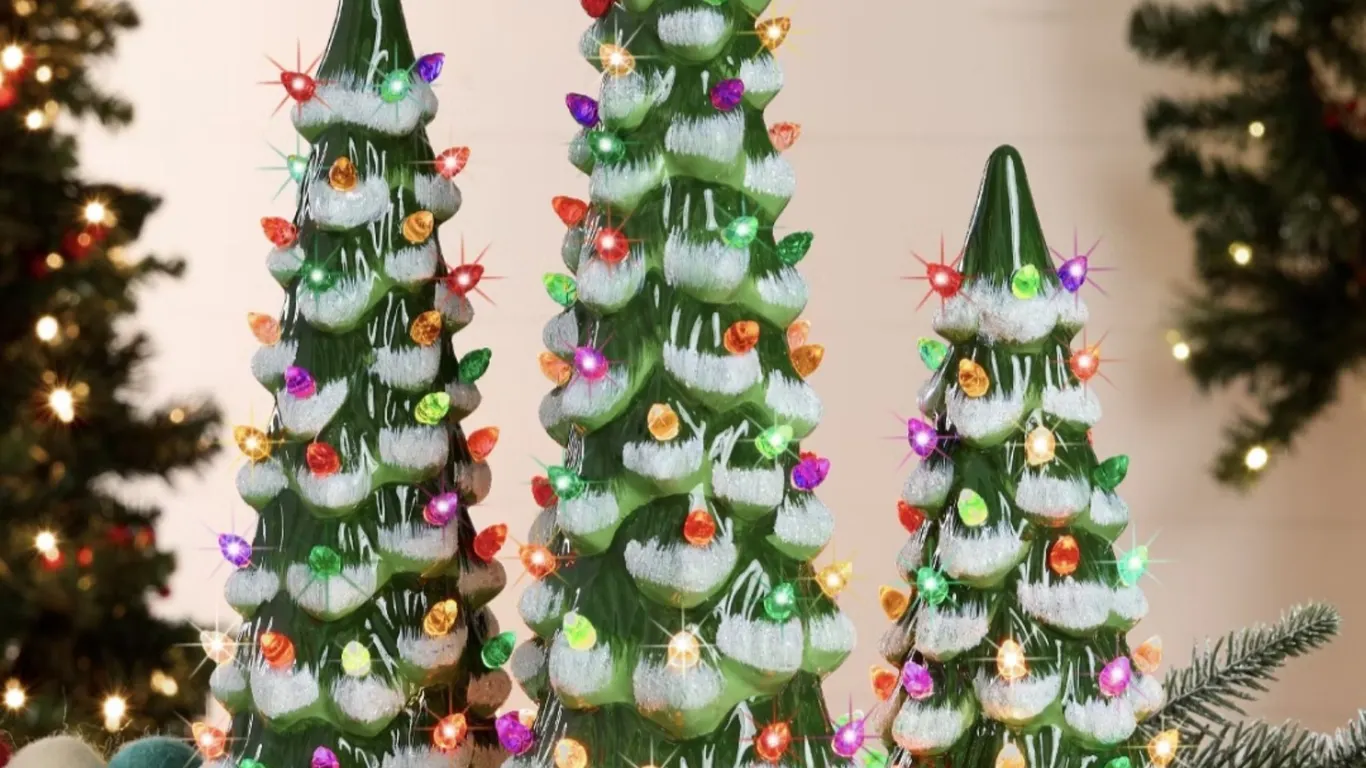 Set of 3 Pre-Lit Hand-Painted Ceramic Tabletop Christmas Trees w/ Multicolor Bulbs - Frosted Green