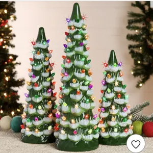 Set of 3 Pre-Lit Hand-Painted Ceramic Tabletop Christmas Trees w/ Multicolor Bulbs - Frosted Green