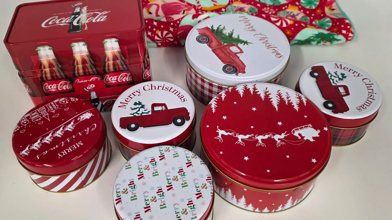 Lot of Christmas Cookie Tins and Coke Recipe box with Christmas Pink Flamingo Apron