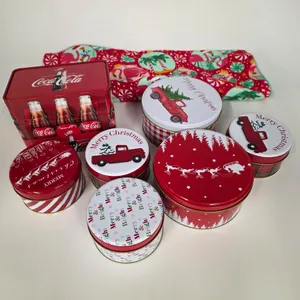 Lot of Christmas Cookie Tins and Coke Recipe box with Christmas Pink Flamingo Apron