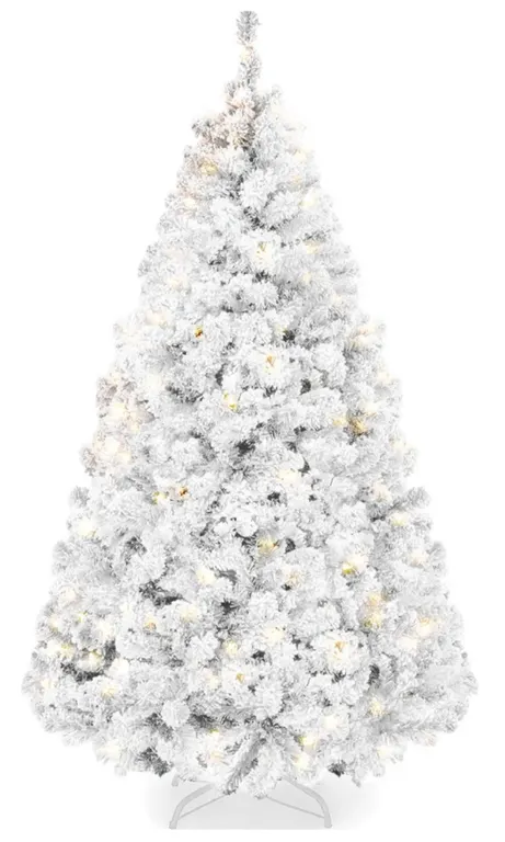 Pre-Lit White Christmas Tree, 7.5ft Artificial Snow Flocked Full Fir Tree, Holiday Decoration w/ 550