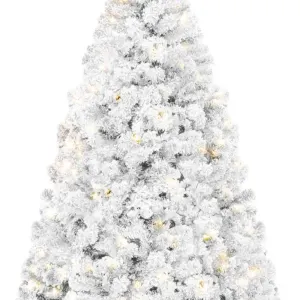 Pre-Lit White Christmas Tree, 7.5ft Artificial Snow Flocked Full Fir Tree, Holiday Decoration w/ 550