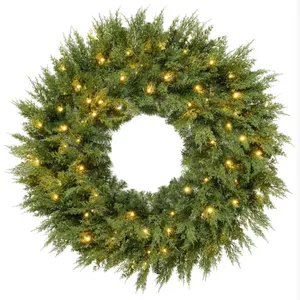 Pre-Lit Cedar Cypress Christmas Wreath w/Twinkling LEDs, 30in Realistic Large Indoor/Outdoor Holiday