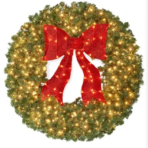 36in Large Artificial Pre-Lit Fir Christmas Wreath Holiday Accent Decoration for Door, Mantel w/Red