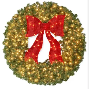 24in Large Artificial Pre-Lit Fir Christmas Wreath Holiday Accent Decoration for Door, Mantel w/Red
