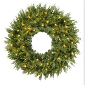 Huge 4 Foot Pre-Lit Cedar Cypress Christmas Wreath w/Twinkling LEDs, 48in Realistic Large Indoor/Out