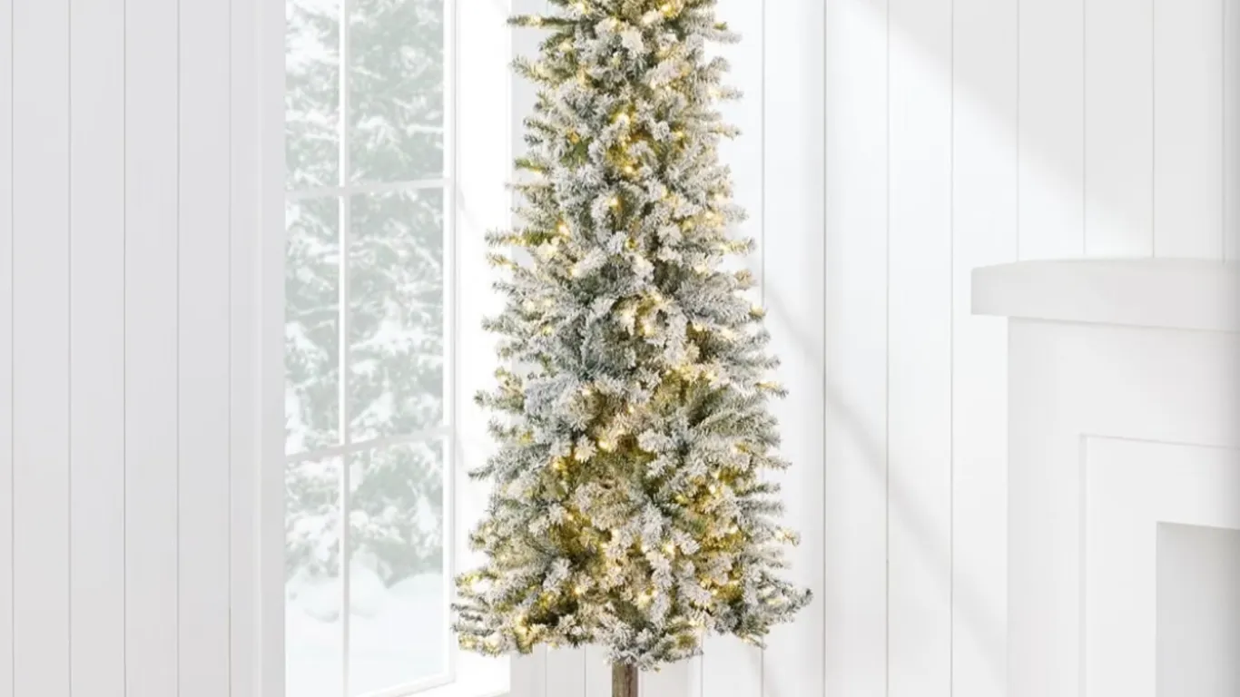 Flocked Pencil Christmas Tree 6ft Pre-lit Alpine Slim Holiday Decoration, Lighted Skinny Décor LED L