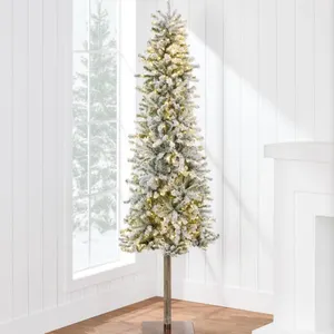 Flocked Pencil Christmas Tree 6ft Pre-lit Alpine Slim Holiday Decoration, Lighted Skinny Décor LED L