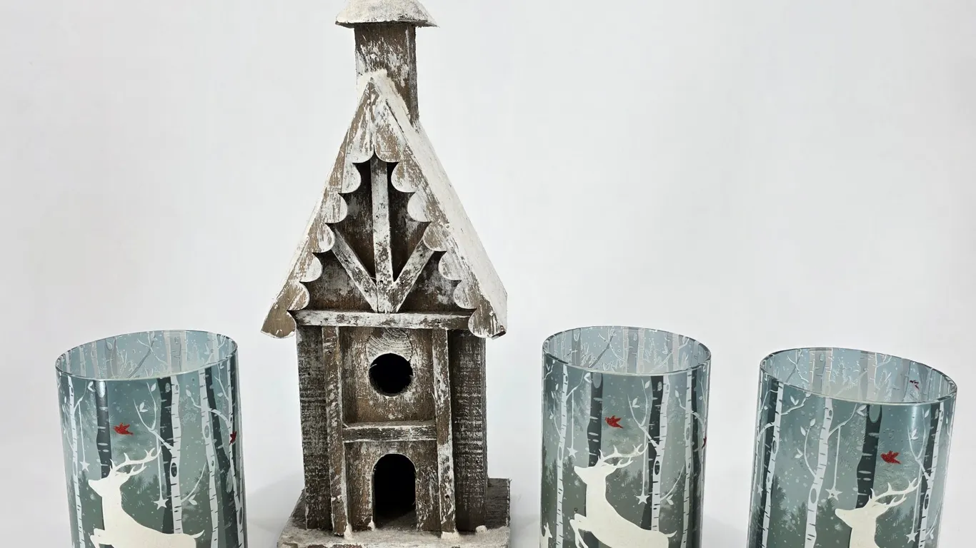 Four Piece Christmas Lot 3 Battery Operated Candles and Winter Wooden House