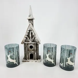 Four Piece Christmas Lot 3 Battery Operated Candles and Winter Wooden House