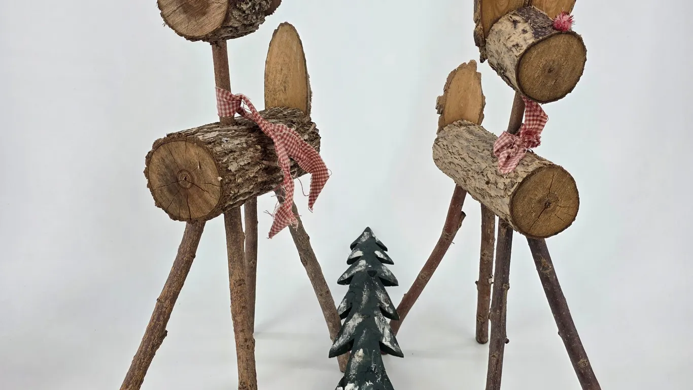 Two Wooden Deer with Wooden Tree