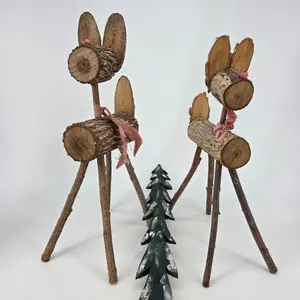 Two Wooden Deer with Wooden Tree