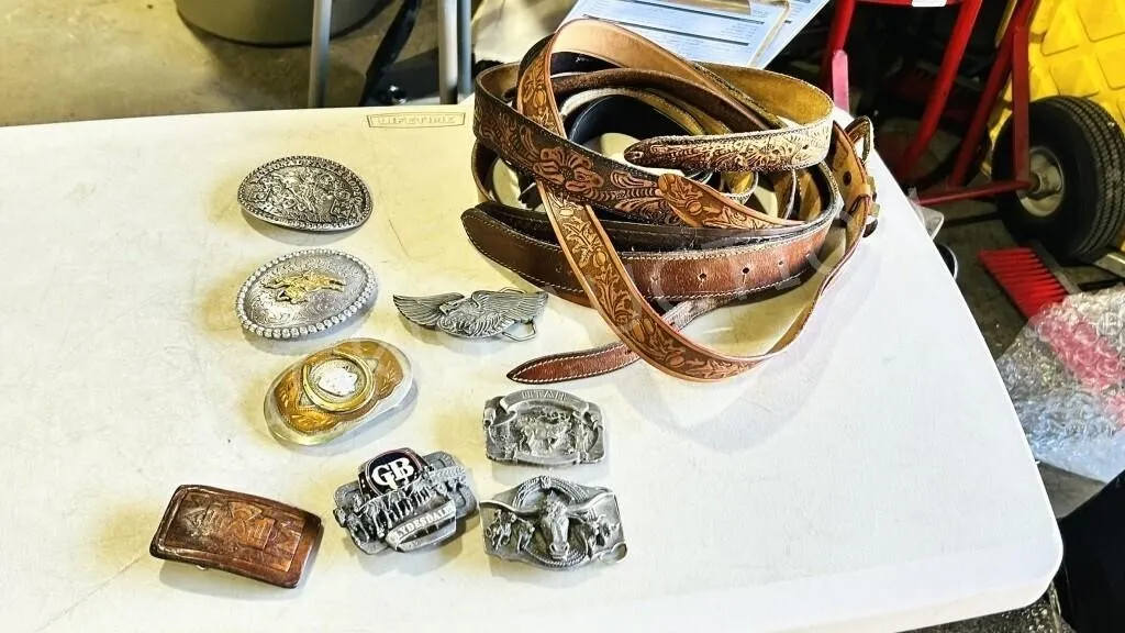 collection of misc leather belts & buckles