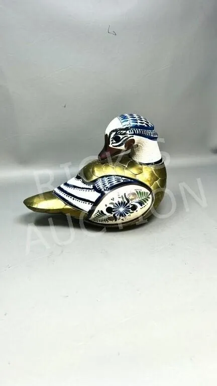 10" Long brass & enameled bird figure