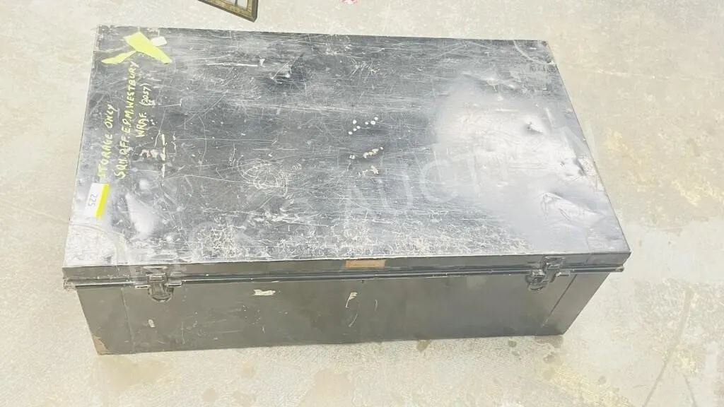 vintage metal foot locker, 21" x 12" x 35"