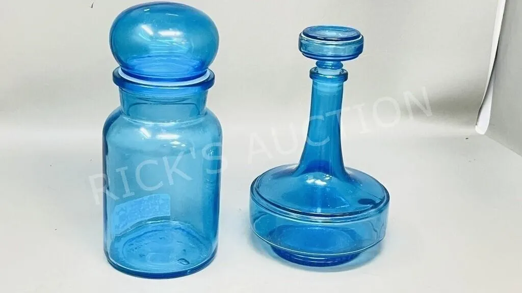 pair- retro blue glass decantors- made Belgium