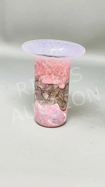 vintage pink art glass vase, signed- 5" tall