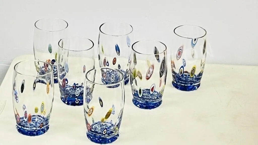 7- millefiori glass tumblers 6" tall