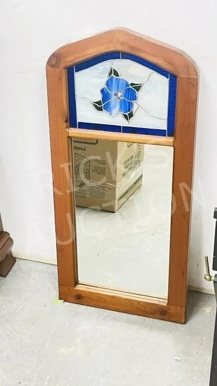 framed wall mirror w/ stained glass insert