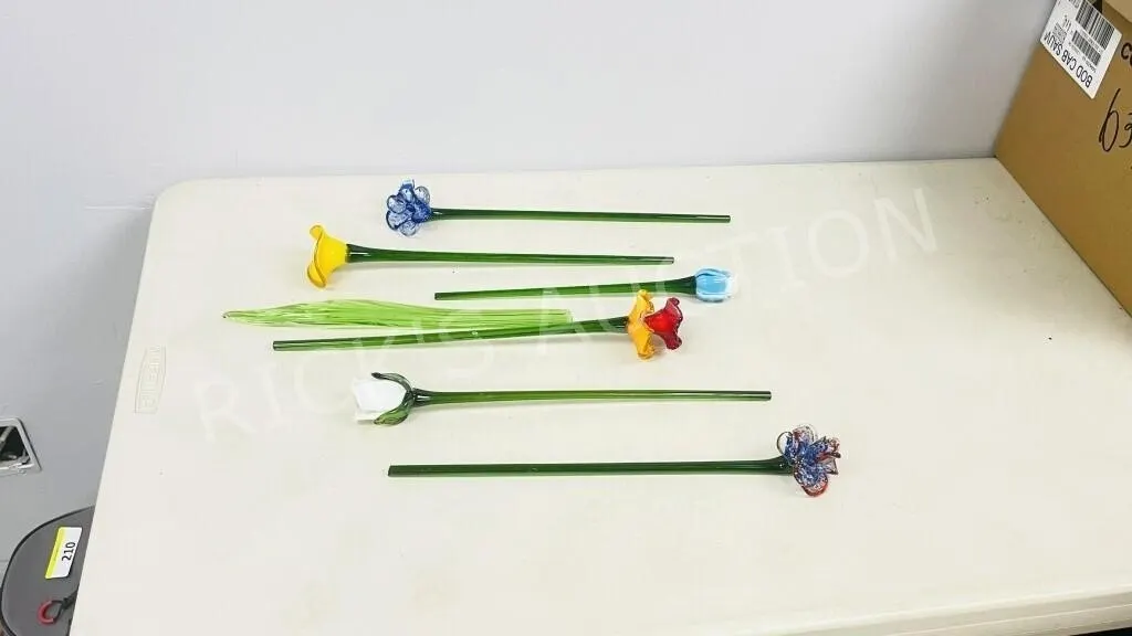6- art glass flowers + 1 leaf 13-14" long
